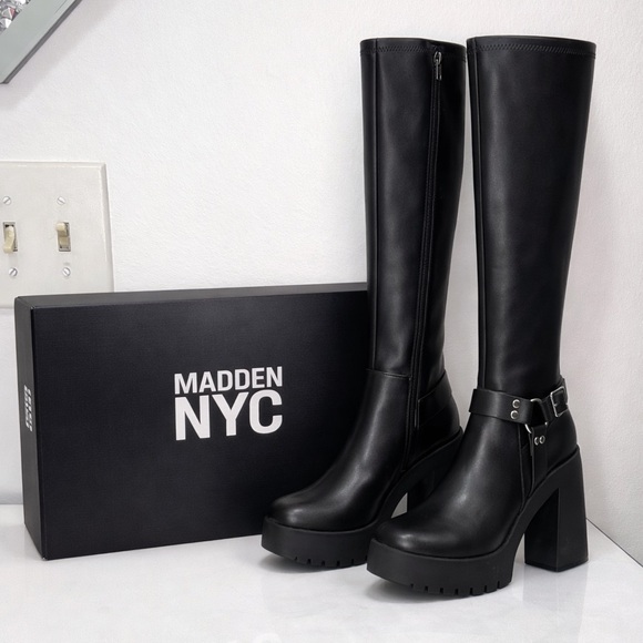 Madden NYC Shoes - Madden NYC Knee High Platform Boots Black Size 6 Chunky Heel Buckle New With Box